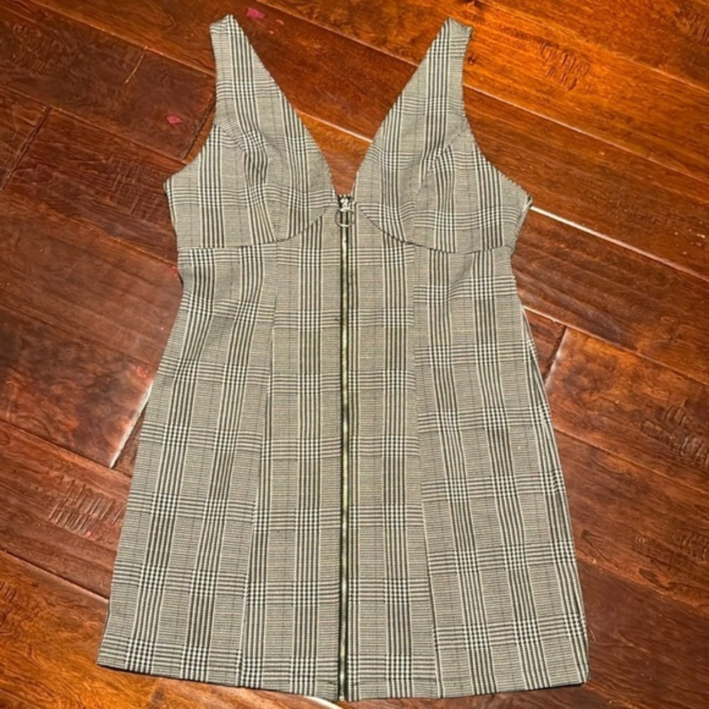 Love Tree houndstooth plaid zip up dress black and white Bodycon full zipper L